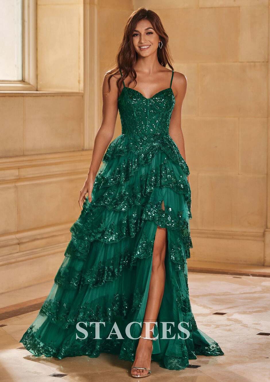 Stacees Dark Green Sequin Tiered Evening Gown Size US 10